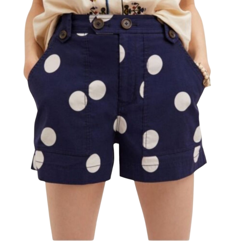 🔥ANTHROPOLOGIE Maeve Navy Blue/White Polka Dot Patch‎ Pocket Chino Shorts SZ 4